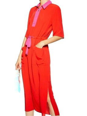 Topshop Red Midi Dress Womens 12 Pockets Silky Fabric Side Slit Career Event